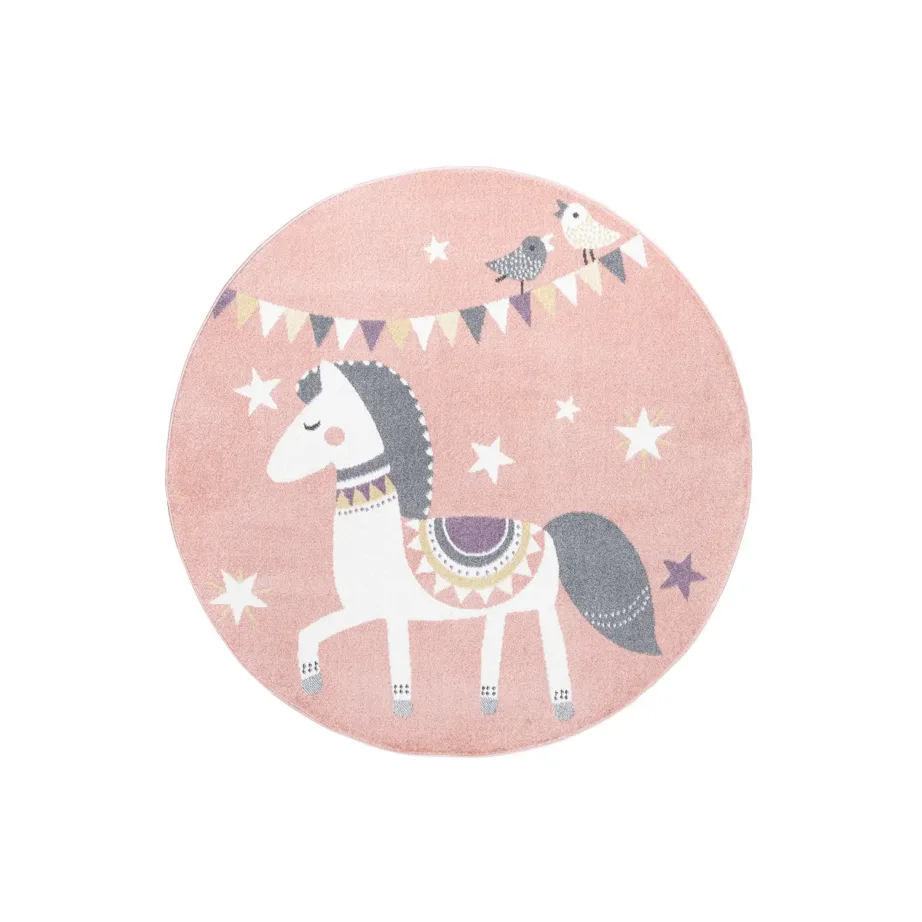 Roosa ümmargune lastetoa vaip hobuse pildiga – 2