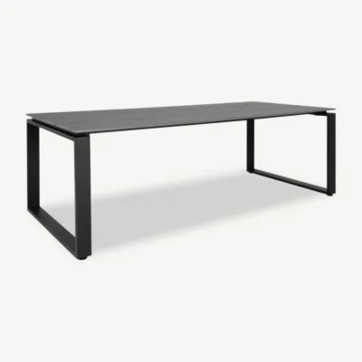 Hall Dida aiasöögilaud musta metallist raamiga, modernse ja minimalistliku disainiga, ideaalne kuni kuuele inimesele.