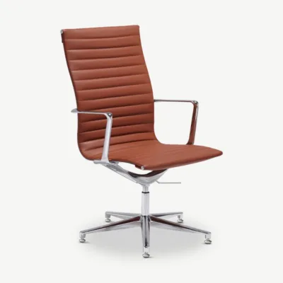 Konjakipruunist nahast ribidega konverentsitool Ava, kõrge seljatoega, kroomitud metallraamiga. Stiilne ja ergonoomiline kontoritool, mis sobib koosolekuruumidesse ja töökeskkondadesse.