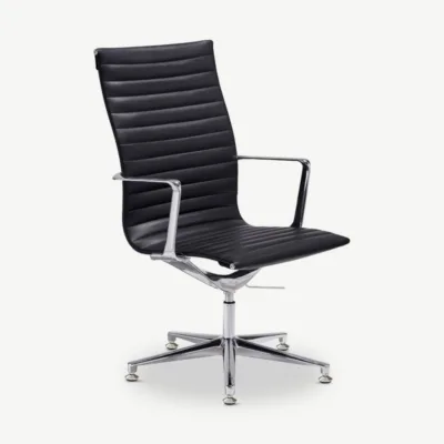 Must nahast Ava konverentsitool kõrge ribitud seljatoega, kroomitud raam ja reguleeritav istumiskõrgus, elegantne ja ergonoomiline disain.