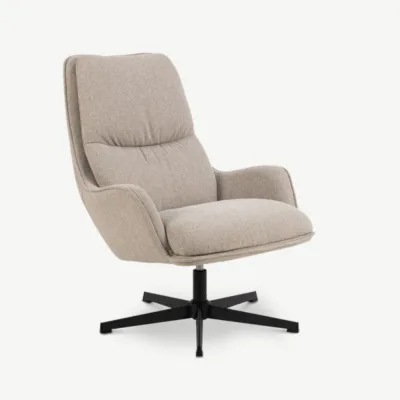 Hazel pöörlev lounge-tugitool beežis kangas, moodsa minimalistliku disainiga. Mugav ergonoomiline iste ja tugev must metalljalg. Keskkonnasõbralik viimistlus taaskasutatud materjalidest.