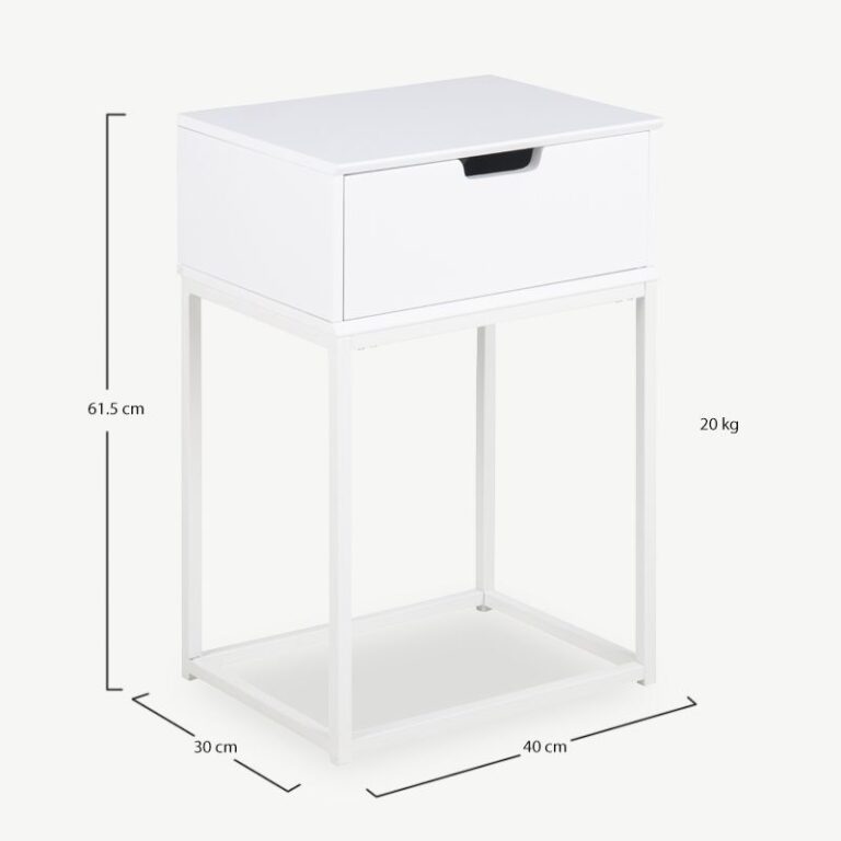 Valge Anita öökapike puidust sahtliga ja musta metallraamiga, minimalistliku ning kaasaegse disainiga.