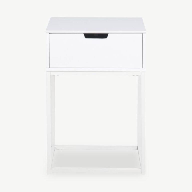 Valge Anita öökapike lakitud puidust ja pulbervärvitud metallraamiga. Minimalistliku disainiga öökapp, millel on puidust sahtel ja stabiilne metallist alus. Ideaalne modernsesse magamistuppa.