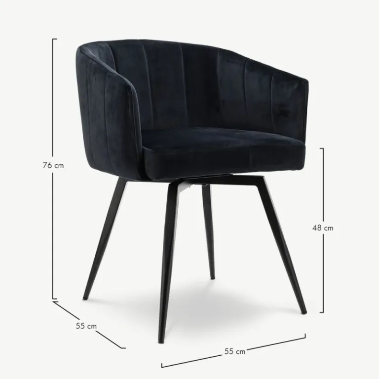 Must sametist Ben pöörlev söögitool mustade metalljalgadega, elegantses ja modernses disainis.