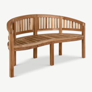 Naturaalne tiikpuust aianpink Cabo, vastupidava ja ajatu disainiga, 150 cm lai, sobib kuni kolmele inimesele.