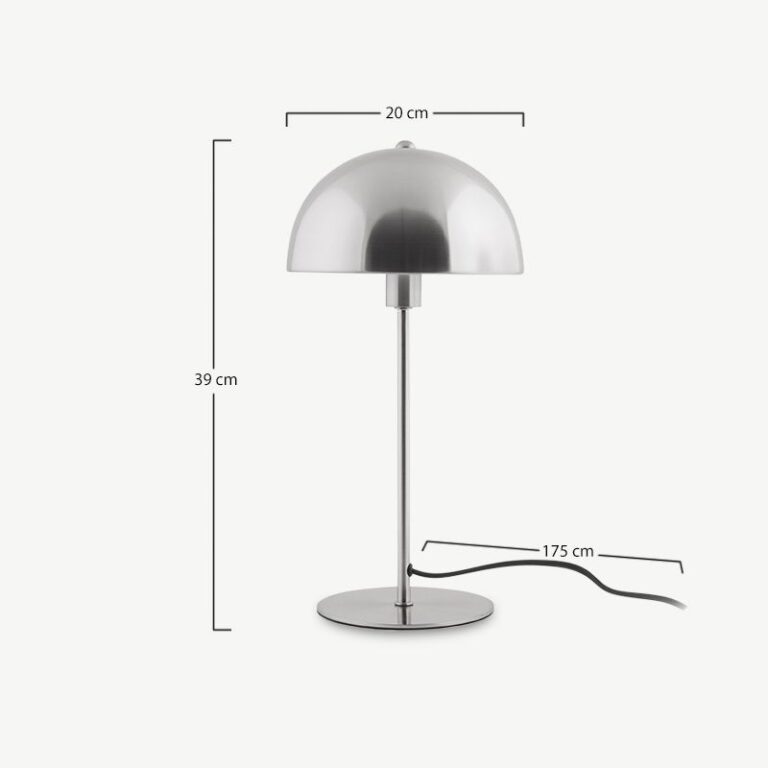 Hõbedane Chic Bonnet lauavalgusti harjatud metallviimistlusega. Ümar kuppel ja sihvakas jalg loovad elegantse ja kaasaegse stiili. Ideaalne öökapile või töölauale.