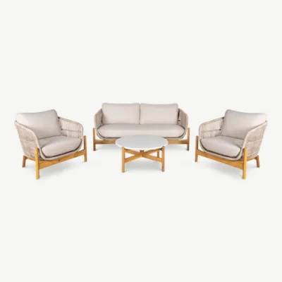 Jaxon aiakomplekt akaatsiapuidust – beeži tooniga diivan ja kaks aiatooli koos pehmete istmepatjadega. Stiilne ja vastupidav välimööbel terrassile või aeda.