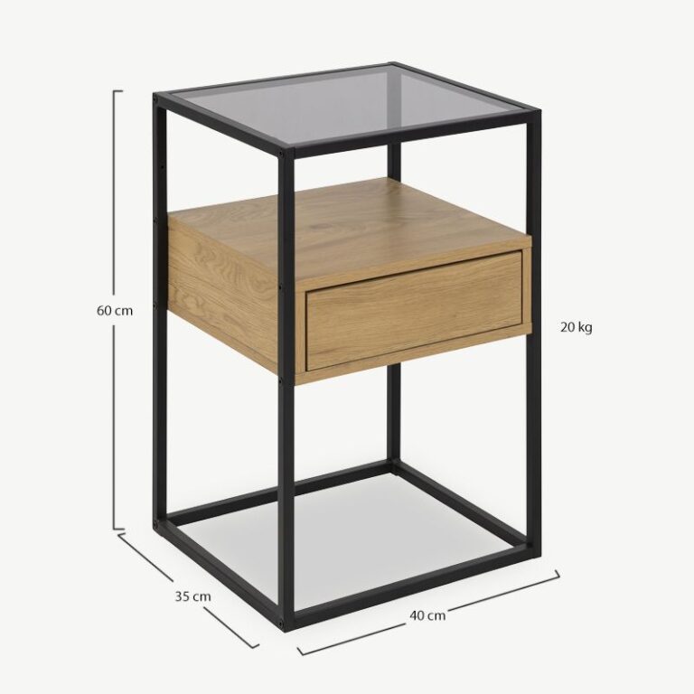 Luke öökapp halli toonitud klaasist pealispinna ja musta metallraamiga. Öökapi allosas on push-to-open sahtel ning viimistlusena metsiku tamme välimus. Minimalistlik ja modernne disain sobib kaasaegsesse magamistuppa.