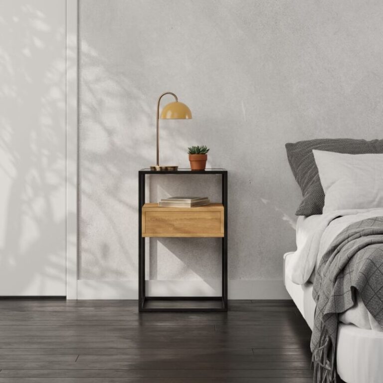 Luke öökapp halli toonitud klaasist pealispinna ja musta metallraamiga. Minimalistlik disain push-to-open sahtliga, mis lisab magamistuppa stiilsust ja praktilisust.