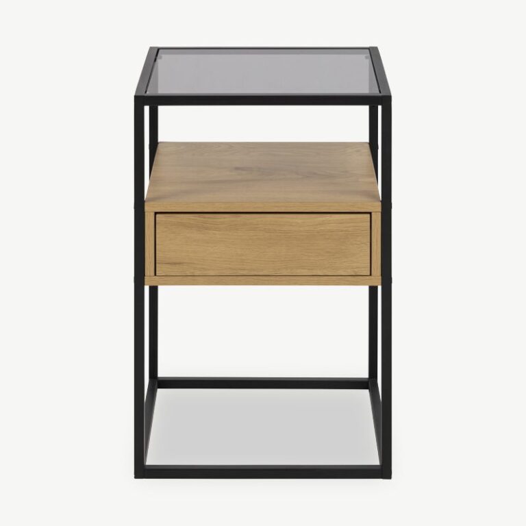 Luke öökapp halli toonitud klaasist pealispinna ja musta metallraamiga. Minimalistlik disain, push-to-open sahtel ja tööstuslik stiil sobivad kaasaegsesse magamistuppa.