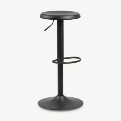 Seja reguleeritav baaritool mustast metallist, minimalistliku disainiga. Stabiilne ümar alus, ergonoomiline iste ja sisseehitatud jalatugi tagavad mugavuse. 360° pöörlemisfunktsioon ja reguleeritav kõrgus sobivad erinevatele letitasemetele.