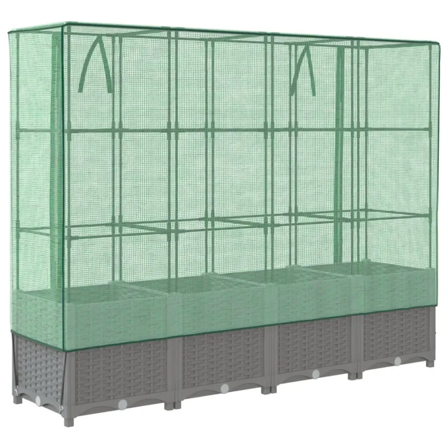 Taimekast kasvuhoonekattega, rotangiimitatsioon, helehall, 160 x 40 x 138 cm – 6
