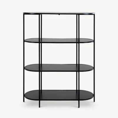 Vice ovaalne riiul musta puidust riiulite ja metallraamiga. Minimalistlik disain nelja avara riiulipinnaga sobib ideaalselt raamatute ja dekoratiivesemete hoiustamiseks. Modernne industriaalstiil täiustab iga interjööri.