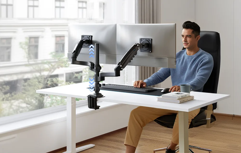 topeltmonitori hoidik ergonoomilise tööruumi korralduseks
