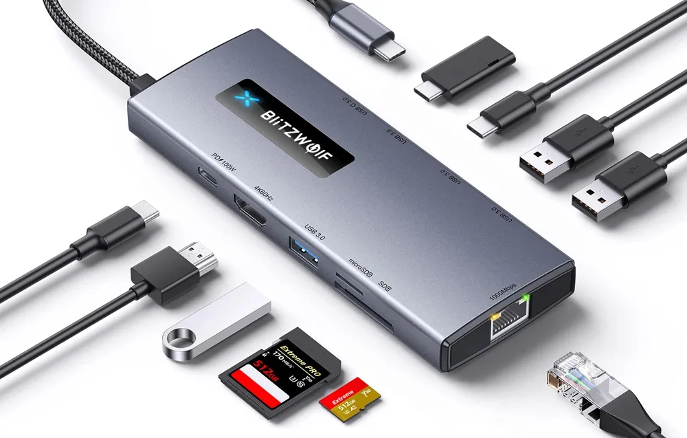 BlitzWolf BW-NEW TH8 10-in-1 USB-C HUB adapter - SD ja TF mälukaartide tugi
