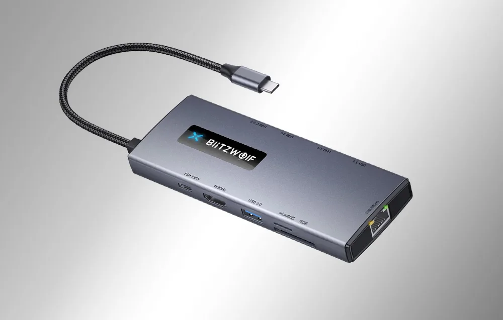 BlitzWolf BW-NEW TH8 10-in-1 USB-C HUB adapter - kiire internetiühendus RJ45 pordiga