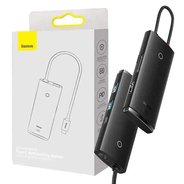 Baseus USB-C jaotur 6in1 Lite (4K HDMI, 2x USB 3.0, USB-C PD, SD/TF) Must