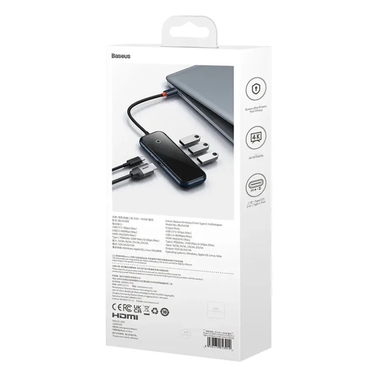 Baseus USB-C jaotur: AcmeJoy 5-in-1 adapter (2x USB 3.0, USB-C PD, HDMI) – Hall