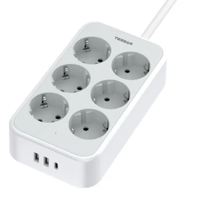 TESSAN pistikupesa – Mitmeotstarbeline lahendus TS-PS02DE00 (6 pesa, USB-A ja USB-C kiirlaadimine, 4000W, valge)