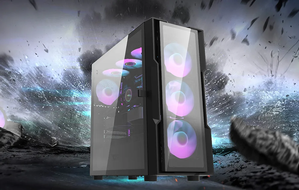 mänguri arvutikorpus RGB-ventilaatoritega ja karastatud klaasist esipaneeliga