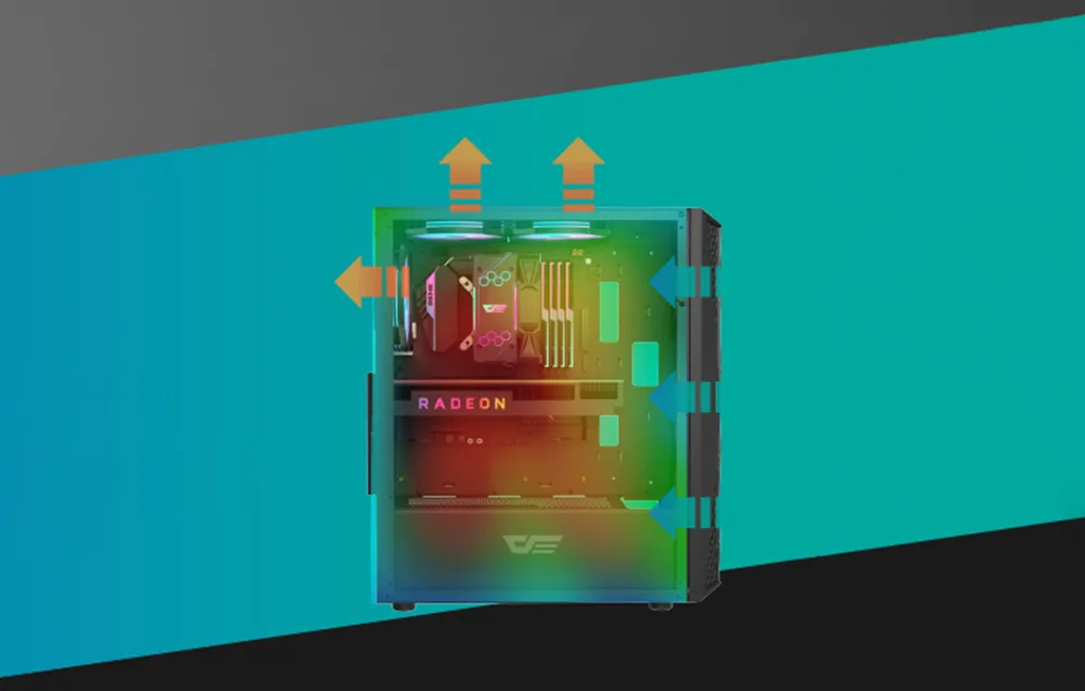 Darkflash DK352 Plus ARGB ventilaatorid paigaldatud korpuse ette