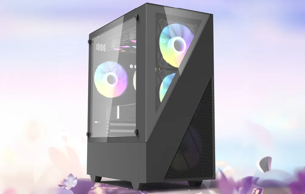 Must ARGB mängurikorpus Darkflash Aigo E330M eestvaates, valgusefektidega