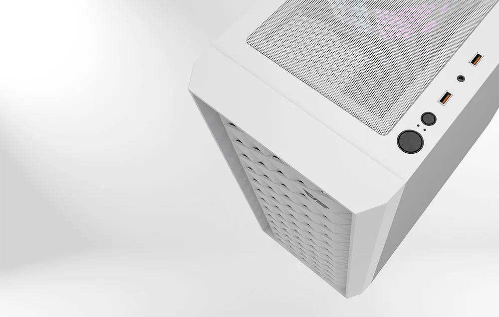 Valge korpuse Darkflash DK351 esipaneeli ja USB-portide detailne lähivaade