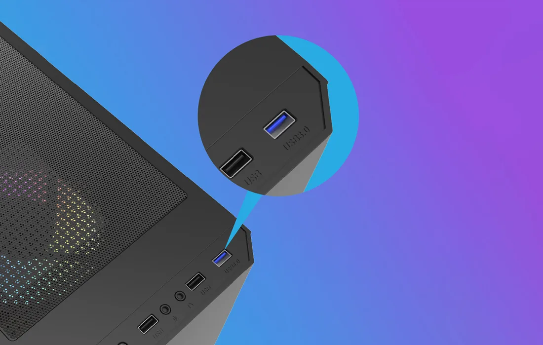 Darkflash DK150 arvutikorpuse pealmised USB-pesad ja juhtnupud