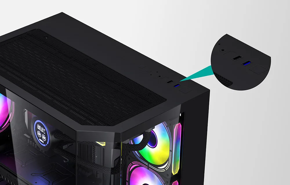 Darkflash FT350 arvutikorpuse ülapaneel: USB, audio ja juhtnupud