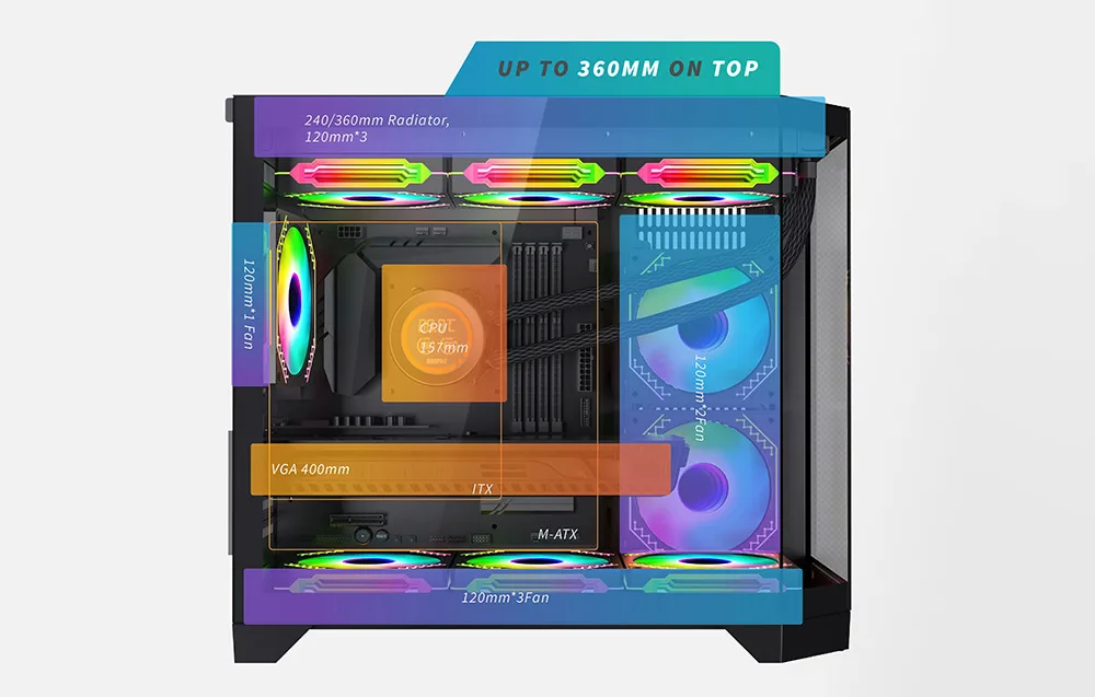 Arvutikorpuse Darkflash FT418 sisemus, kuhu saab paigaldada erinevaid komponente