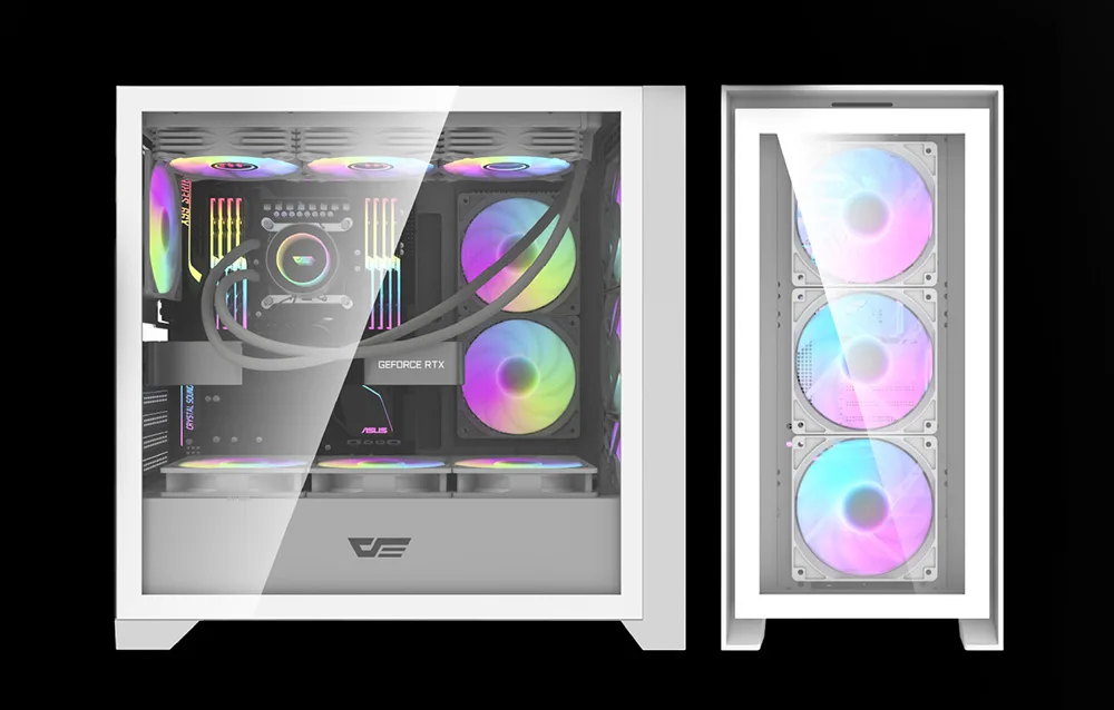 valge arvutikorpus külgvaates, klaasist paneel ja RGB valgus