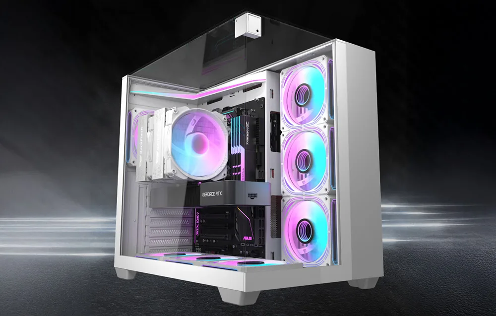 Valge ATX arvutikorpus Darkflash TH285 karastatud klaasist külgpaneeli ja RGB ventilaatoritega