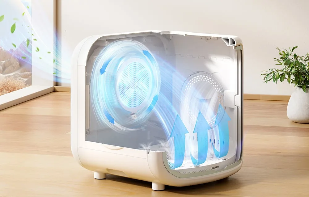 Ventilatsioonisüsteem Petsuper PD01 lemmikloomakuivati sees, ühtlane õhujaotus