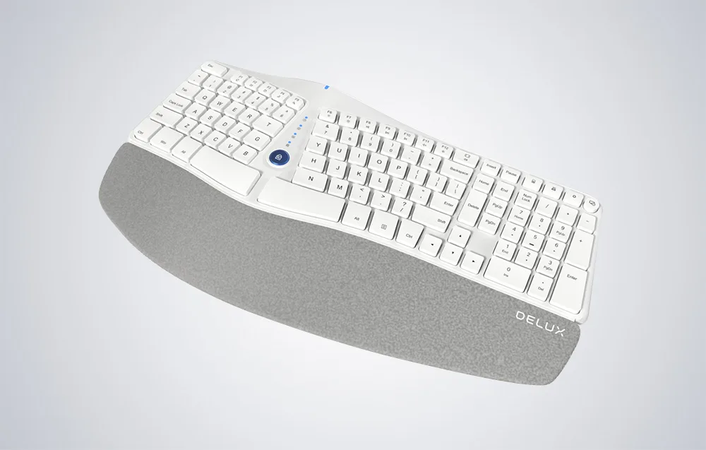 Valge ergonoomiline juhtmevaba klaviatuur Delux GM901D pealtvaates