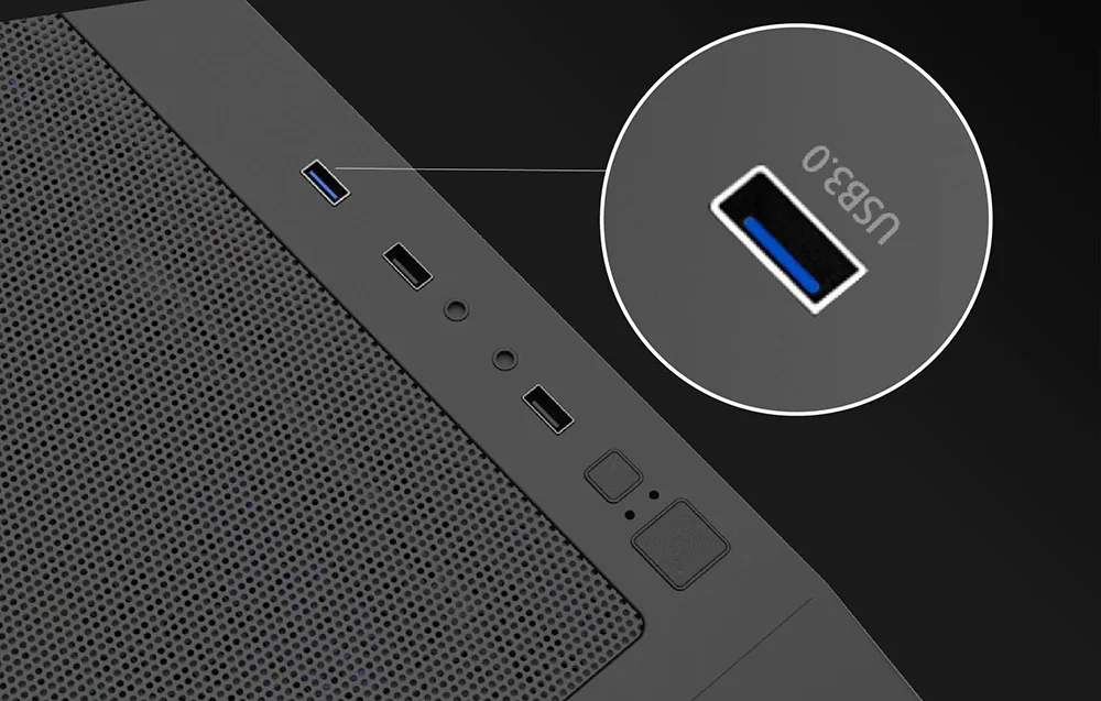 arvutikorpuse ülemised USB-pesad ja helisisendid