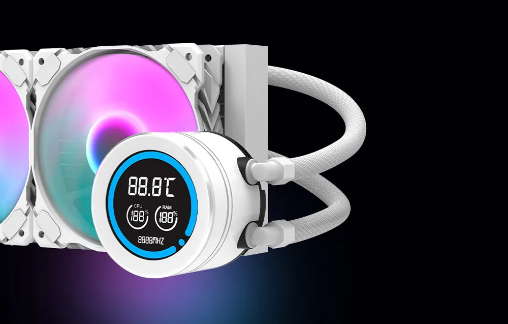Valge ARGB vesijahutus LCD-ekraaniga ja kolme ARGB ventilaatoriga