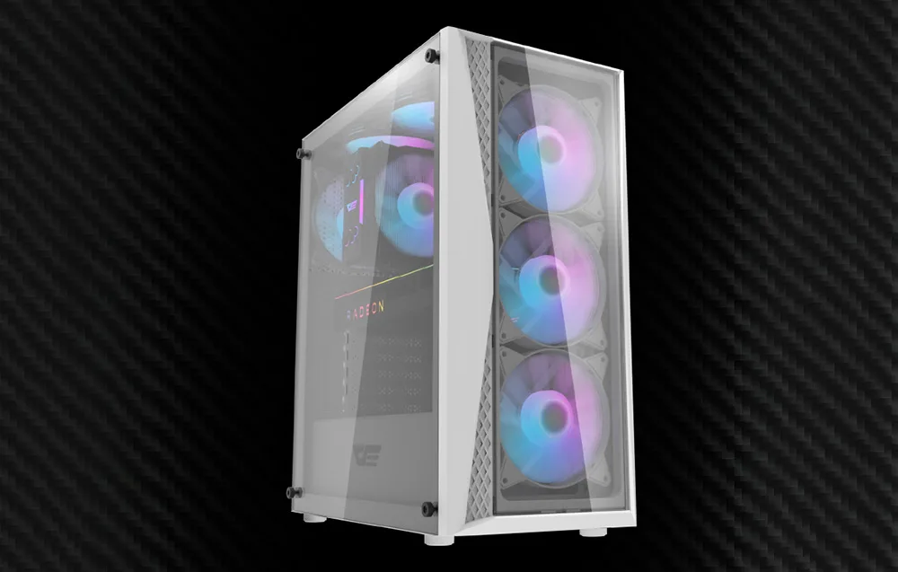 Valge mänguri arvutikorpus Darkflash DK352 Plus ARGB ventilaatoritega ja klaasist külgpaneeliga