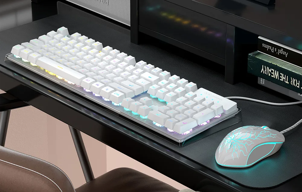 Valge mängurikomplekt RGB-taustavalgustusega mehaanilise klaviatuuri ja hiirega