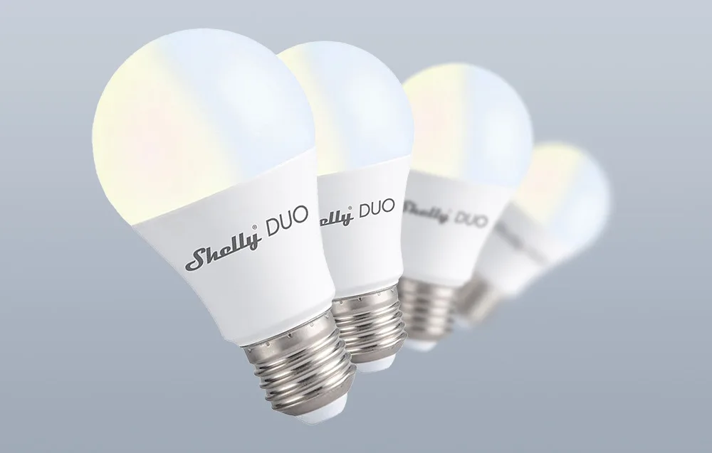 Nutikas LED pirn Shelly Duo E27 valgel taustal