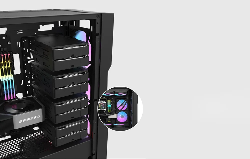 suur mänguri arvutikorpus rohkete salvestuspesa ja jahutusvõimalustega