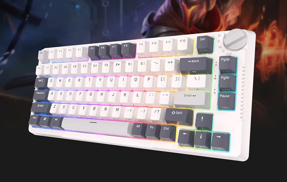Valge RGB mehaaniline klaviatuur laual, värvikas taustvalgustus ja minimalistlik disain