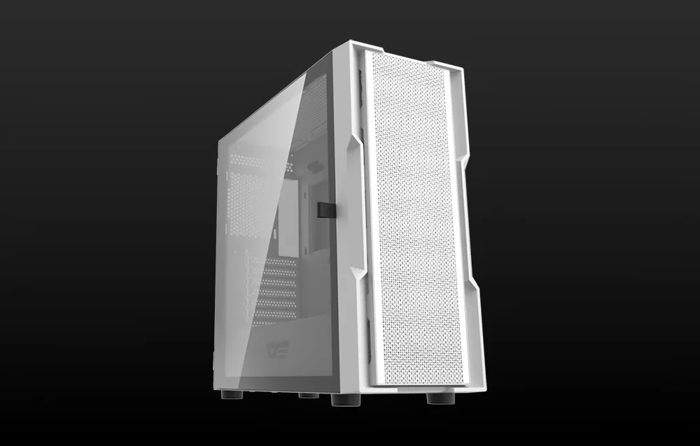 Valge arvutikorpuse Darkflash DK431 Mesh parem külg ja karastatud klaas