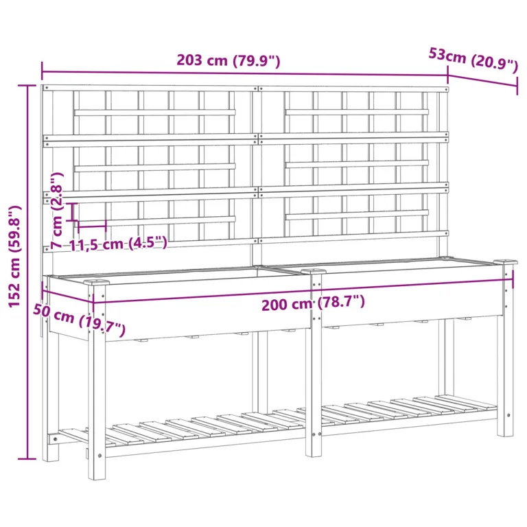 Aiapott trellise ja riiuliga 203x53x152 cm Tahke männi puit