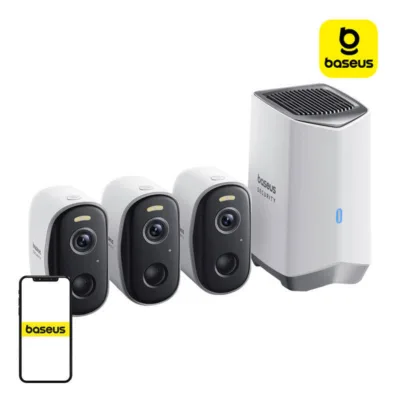 Juhtmevaba turvakaamera komplekt Baseus N1 2K (3 tk, valge, 7800 mAh, öönägemine, Wi-Fi)