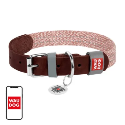 Koerakaelarihm QR koodiga pruunist nahast ja puuvillast Waudog S (15 mm)