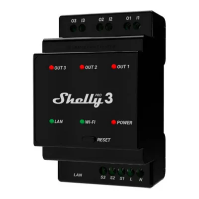 Nutikas DIN relee Shelly Pro 3 – kolmekanaliline WiFi/LAN/Bluetooth relee DIN-liistule