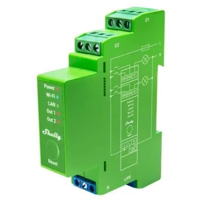 Nutikas valgusdimmer Shelly ProDimmer2 – kahe kanaliga DIN-liistu dimmer (Wi-Fi, Ethernet, Bluetooth, 200 W)