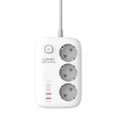 Pikendusjuhe USB laadijaga LDNIO SE3436 GaN, 3 pistikut ja 4 USB, 65W, valge