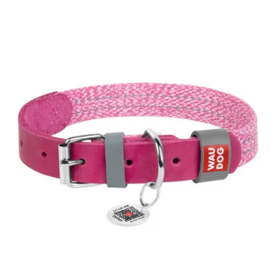 Roosa koera kaelarihm QR-koodiga Waudog Classic L (naturaalnahk, 38–49 cm)