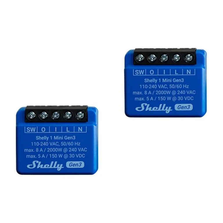 Shelly nutikas relee WiFi/Bluetooth Mini Gen3 komplekt (2 tk, 8A, kompaktsed mõõtmed)